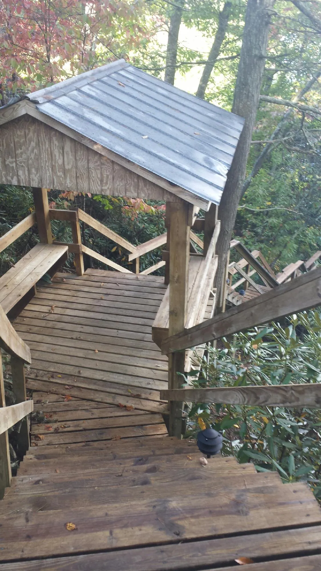 Metal roofed shelter over wooden steps on a wooded walkway — Skylight Repair & Installation work by our crew in Stryker